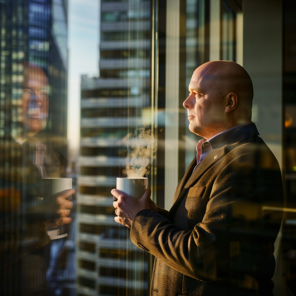 A businessman gazes intently through the window. With coffe mug in the hands. The background consists of a blurred cityscape with multiple skyscrapers.